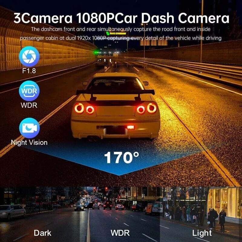 2026 New !!! 3 Way Dash Cam 1080P Front Interior Rear Camera G-Sensor WIFI