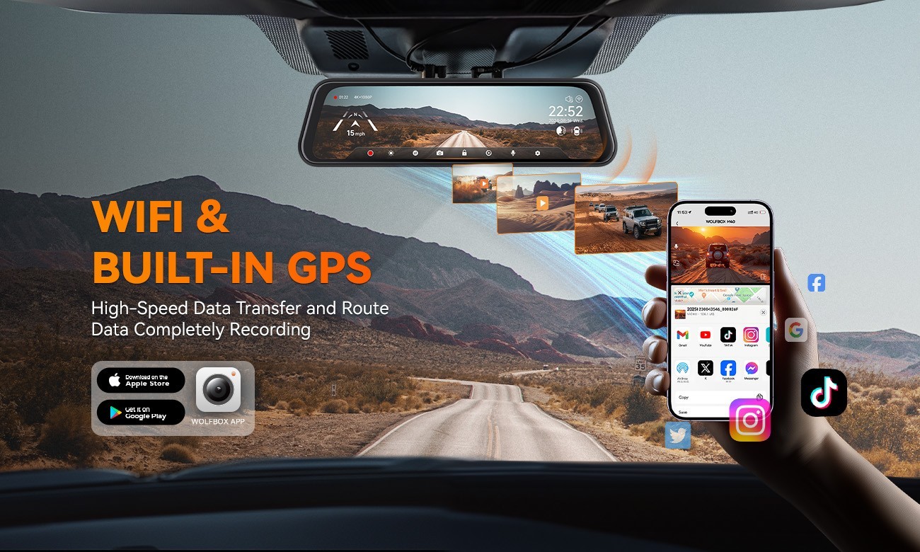 4K Dual Dash Cam Front Rear ADAS GPS WiFi Voice Control Car DVR WOLFBOX M40
