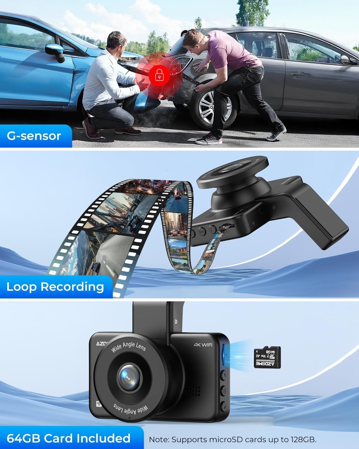 AZDOME Dash Cam 3″ Car Camera 3K+1080P WiFi App Video DVR Recorder G-Sensor