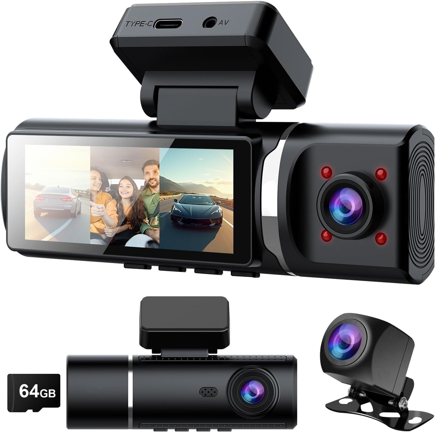 feifeaouy 3 Channel 4K Dash Cam Front and Rear and Inside – WiFi 3.2” IPS Das…