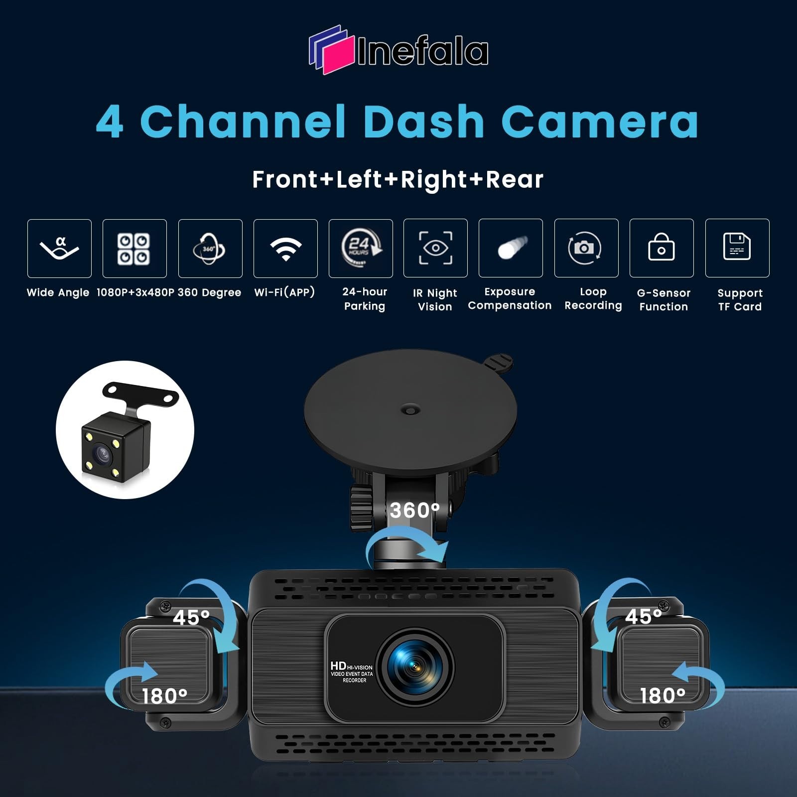 4 Channel 360° Dash Cam FHD 1080P, Front & Rear Car Camera, WiFi, Night Vision,