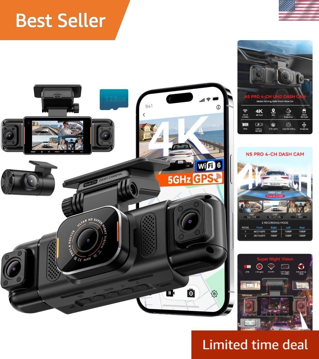 N5 PRO 4K 4 Channel Dash Cam, 360° All-Around View, 1080P Rear and Inside, 5G…