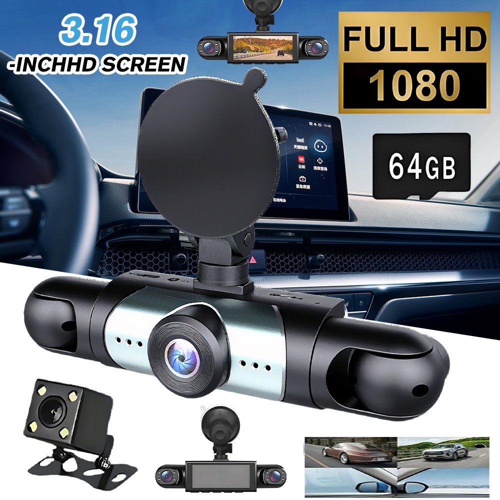 64GB Card 4K Dash Cam Front Rear Left Right Camera,Night Vision,Loop Recording