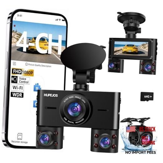 360° Dash Cam Front and Rear Inside, 4 Channel Dash Camera for Cars FHD V7