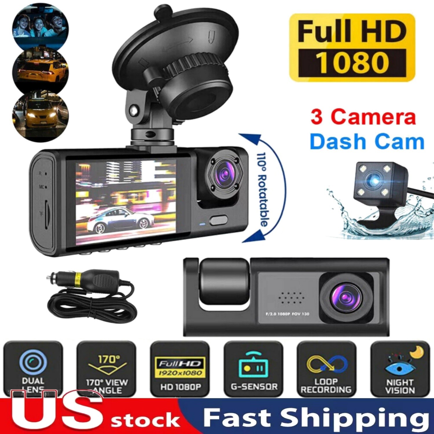Car Dual Lens Dash Cam HD 1080P Front/Rear/Inside Video Recorder Camera G-Sensor