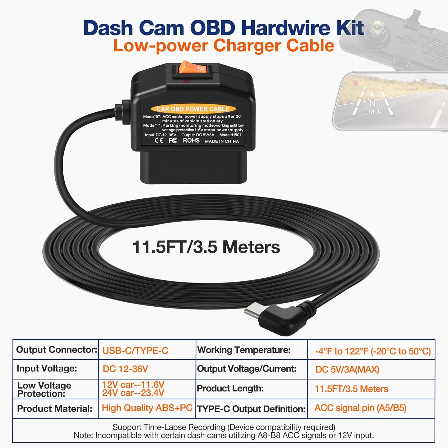 OBD Power Cable for Dash Camera,Obd2 to USB C Adapter Hardwire Kit with Low Volt