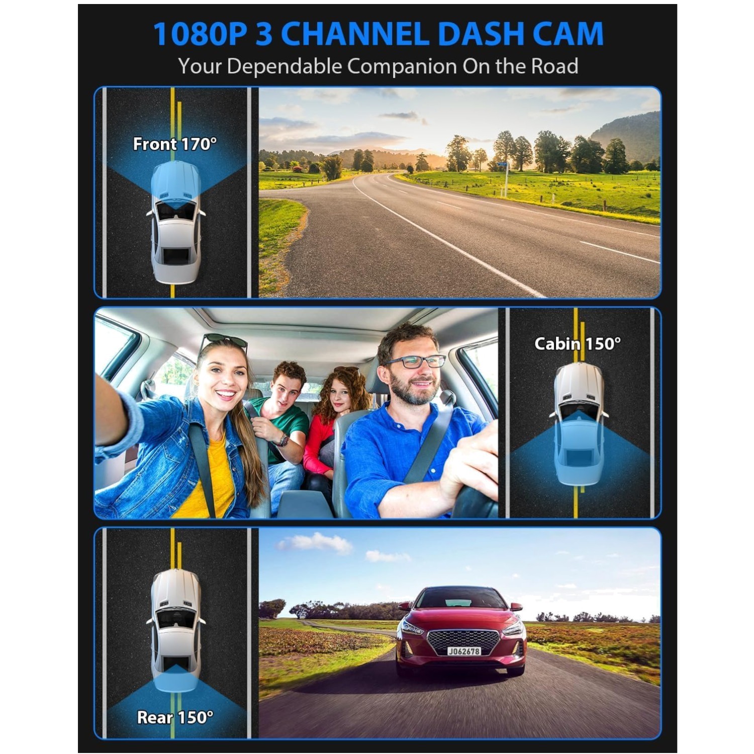 Triple Dash Camera, 170° Wide-Angle, Night Vision, 32GB