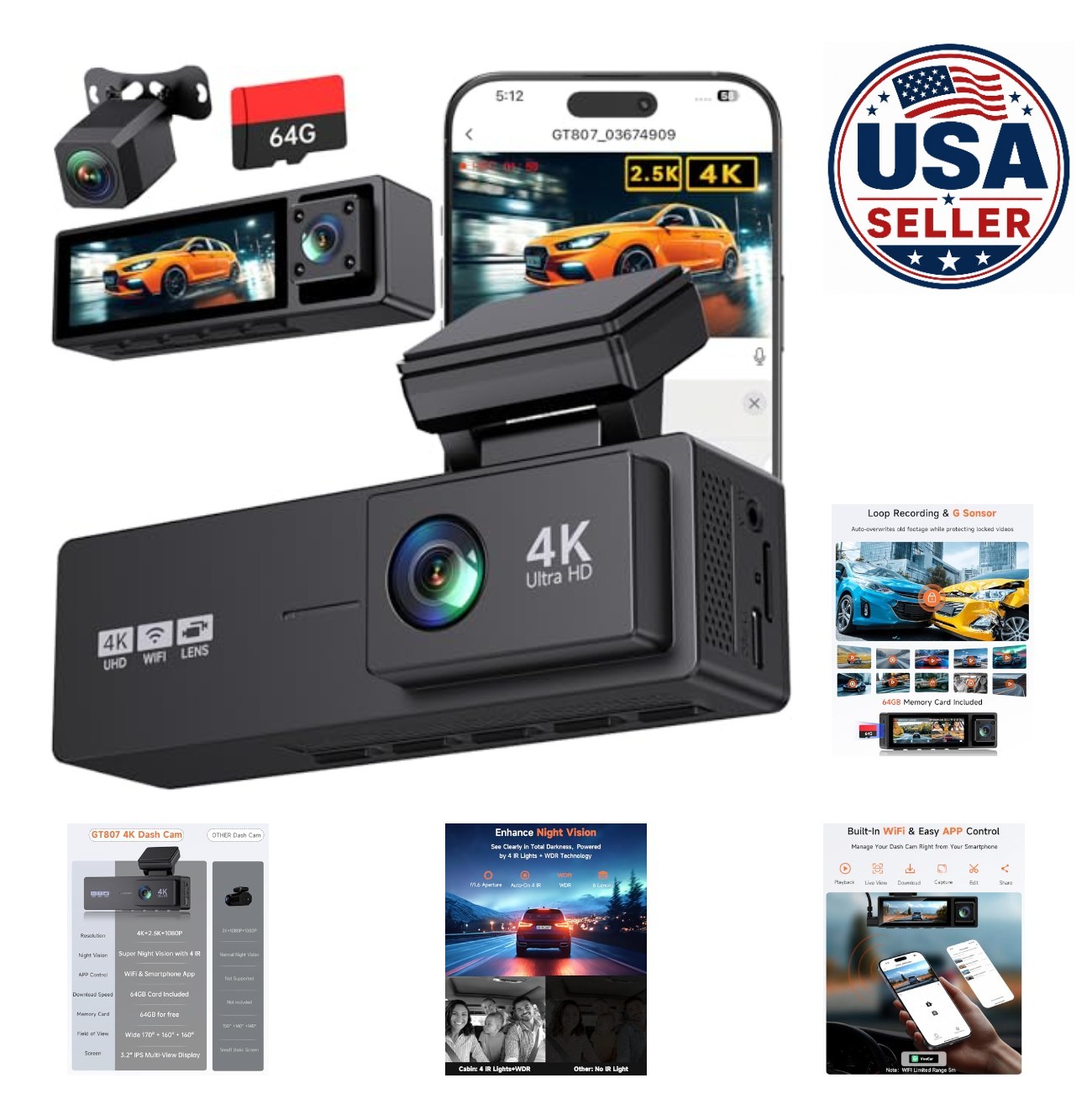 3 Channel Dash Cam 4K 2.5K 1080P Wi-Fi App Control 64GB Card Included G-Sensor