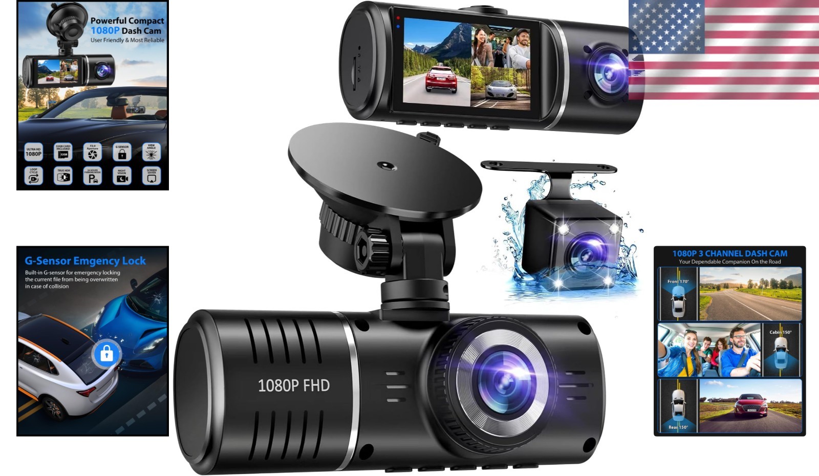 Triple Dash Camera, 170° Wide-Angle, Night Vision, 32GB