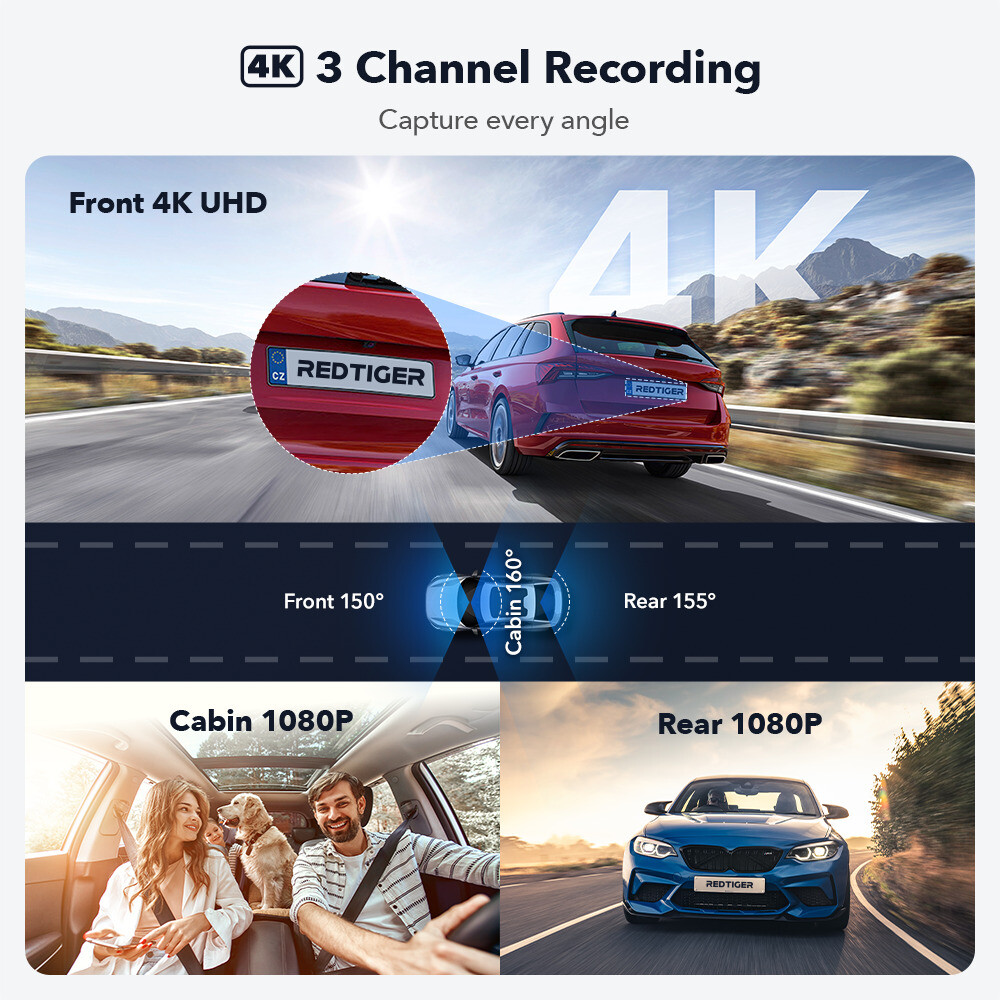 REDTIGER F17 4K Dash Cam 5G WiFi 3 Channel ,Front and Rear Inside, 64GB SD Card