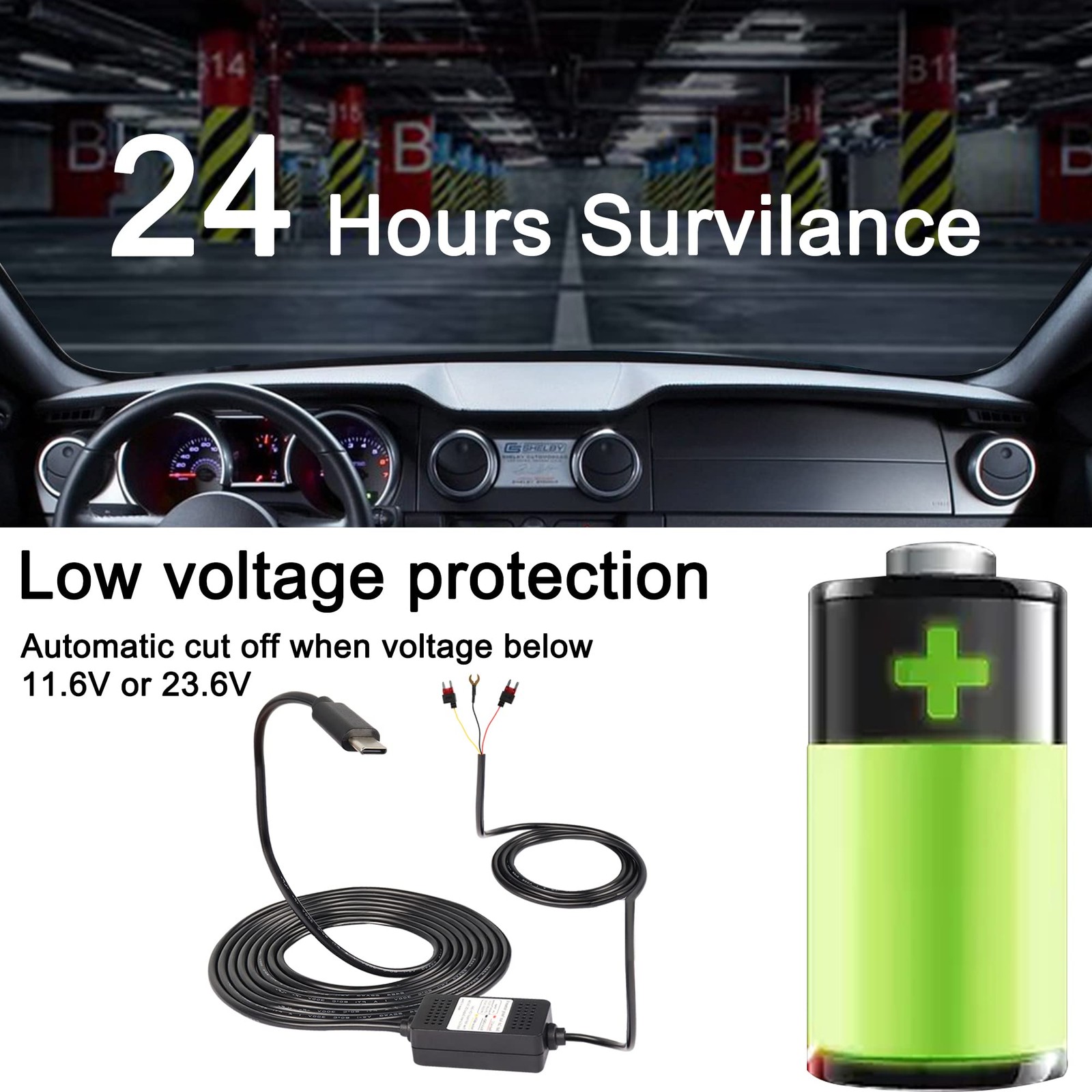 USB-C Dash Cam Hardwire Kit 12V-24V to 5V Step-Down Cable with Fuse