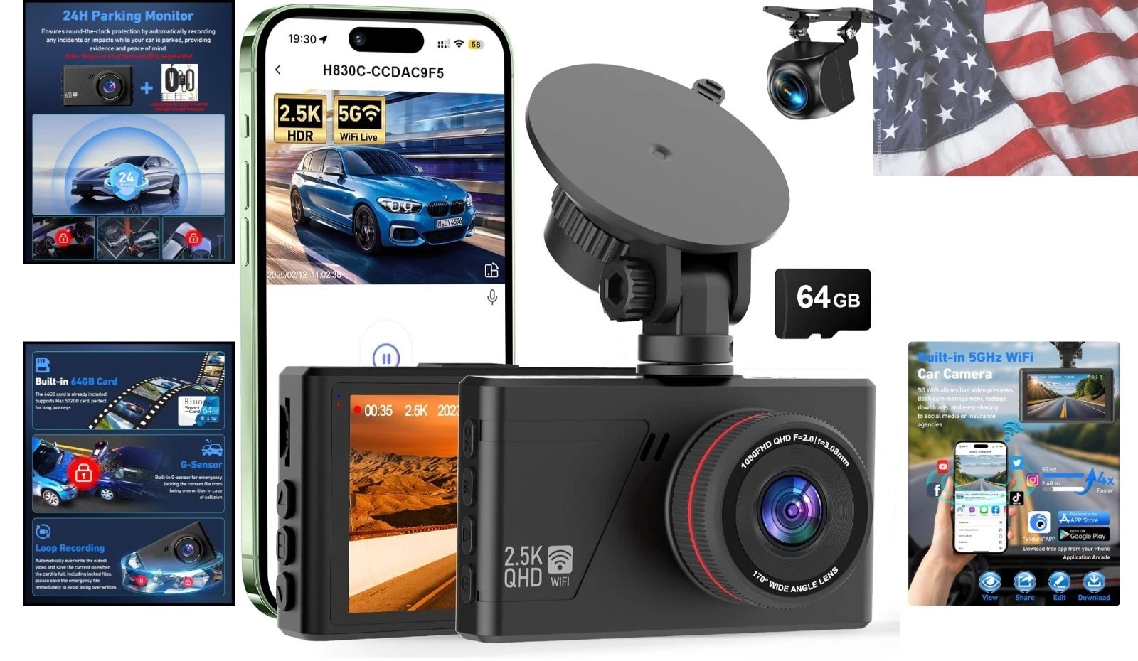 Dash Camera for Cars, 2.5K Dual Dash Cam Front and Rear W/ 64GB Card,3″IPS Sc…
