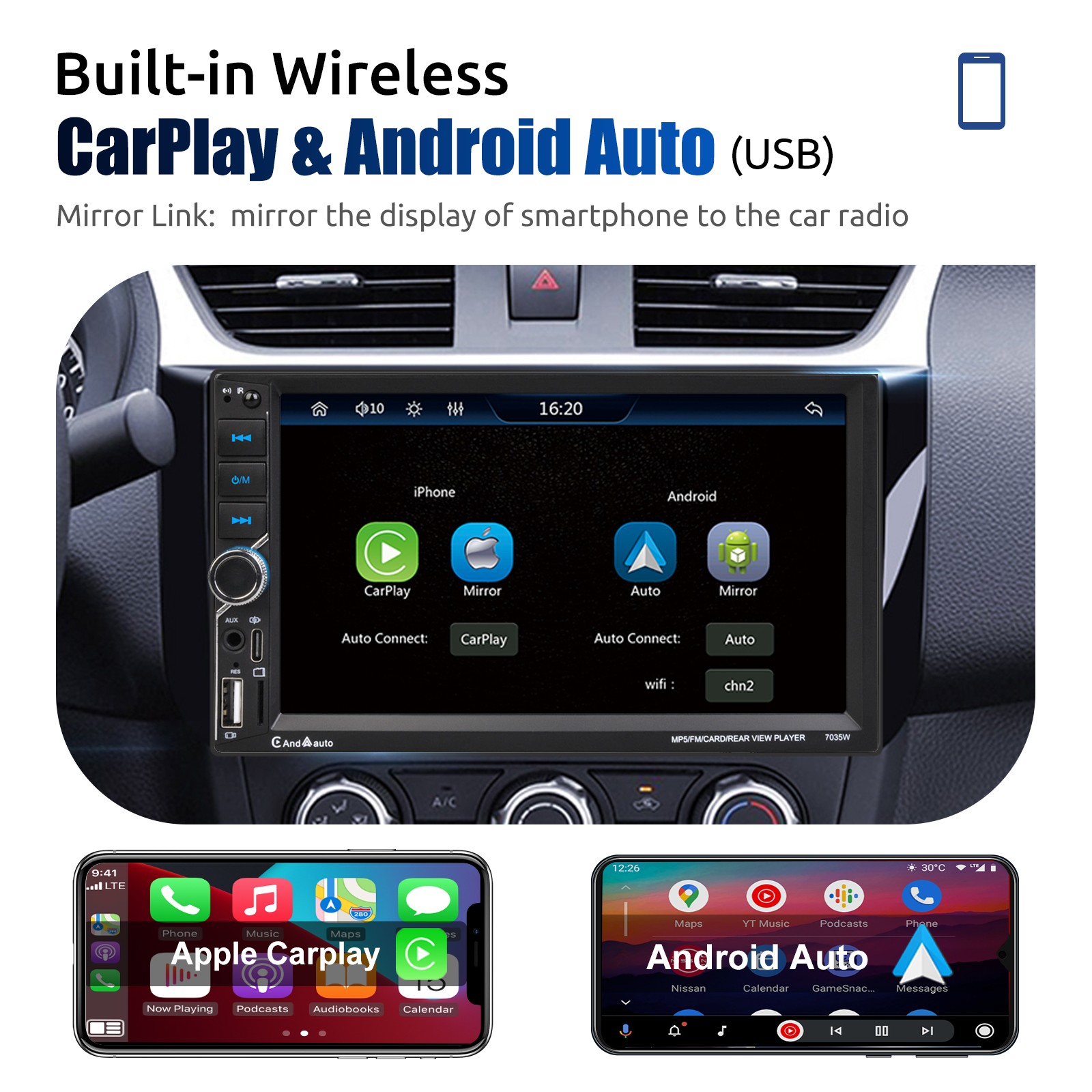 7″ 2 DIN Android Auto Car Stereo Wireless CarPlay Bluetooth FM Radio with Camera