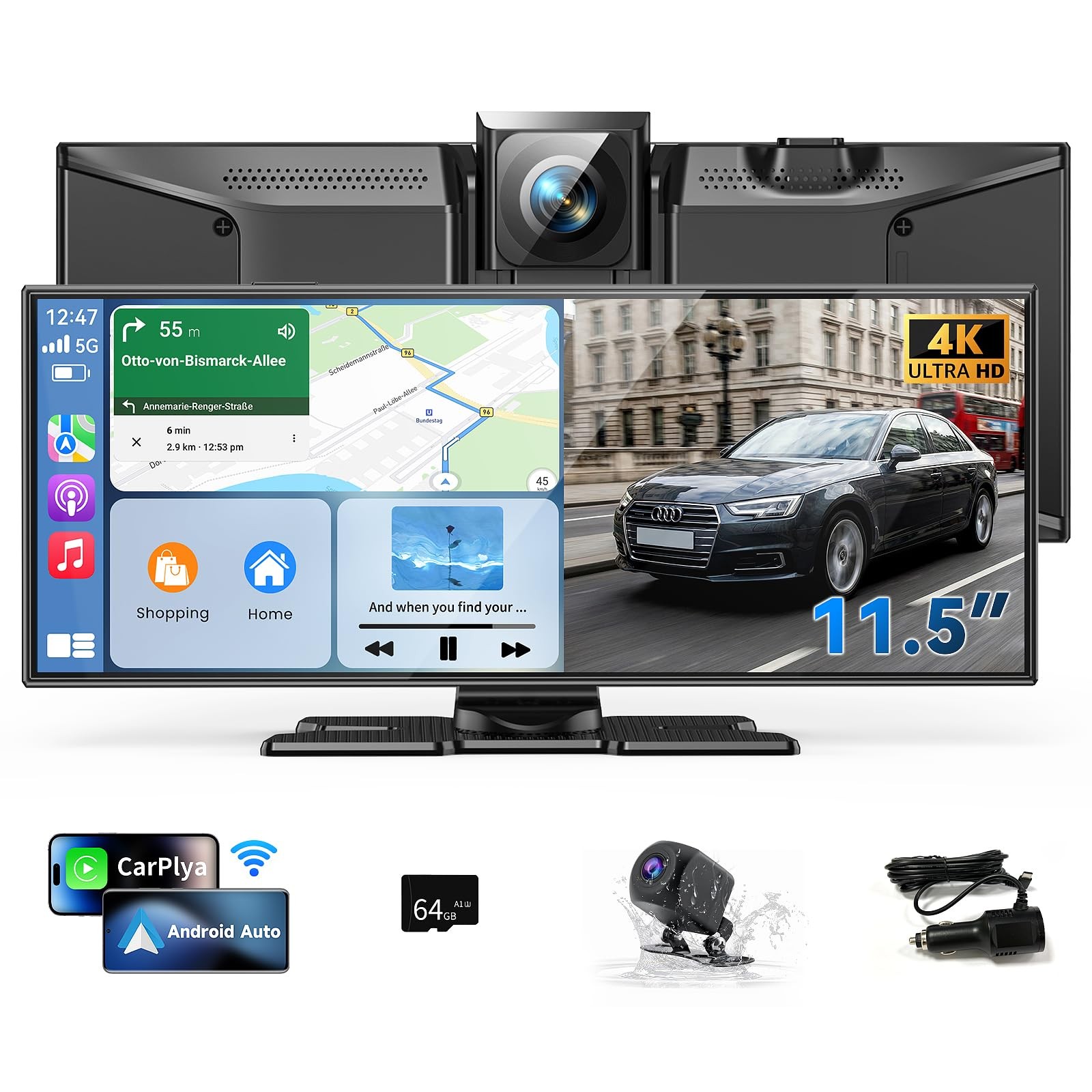 11.5″ Largest Wireless Carplay Screen for Car, Portable A pple Carplay & Andr…