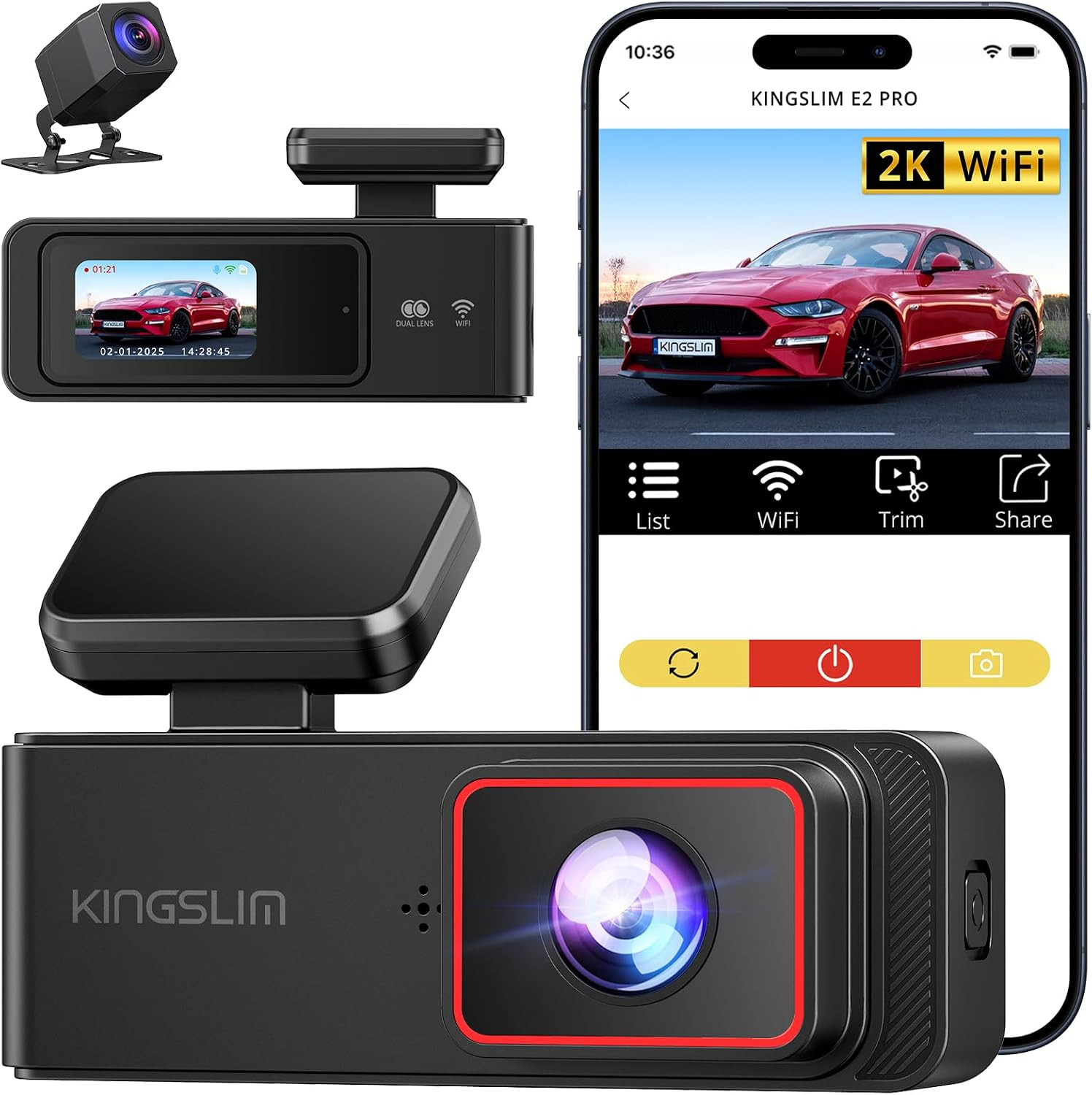 Wireless Dash Cam Front and Rear 2K, Wifi APP Dash Camera for Cars with 1.5” Sc