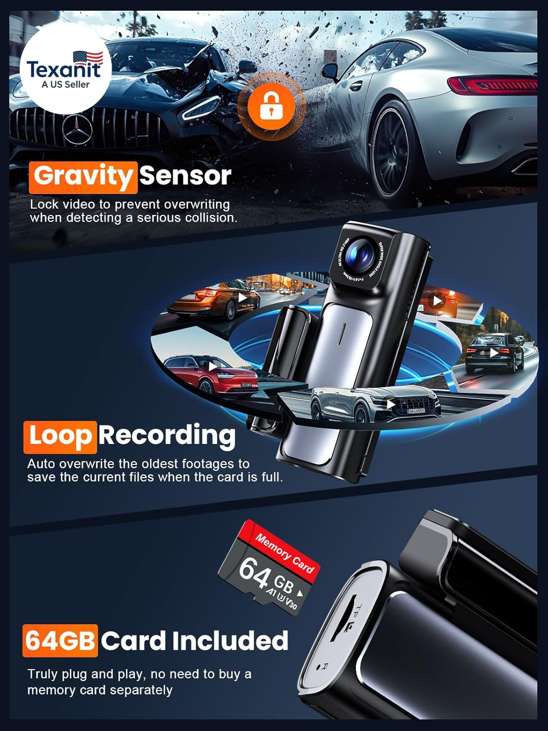 4K Dash Cam Front and Rear, Built-In 5G Wifi GPS, 64GB Card Included, 3.59” IPS