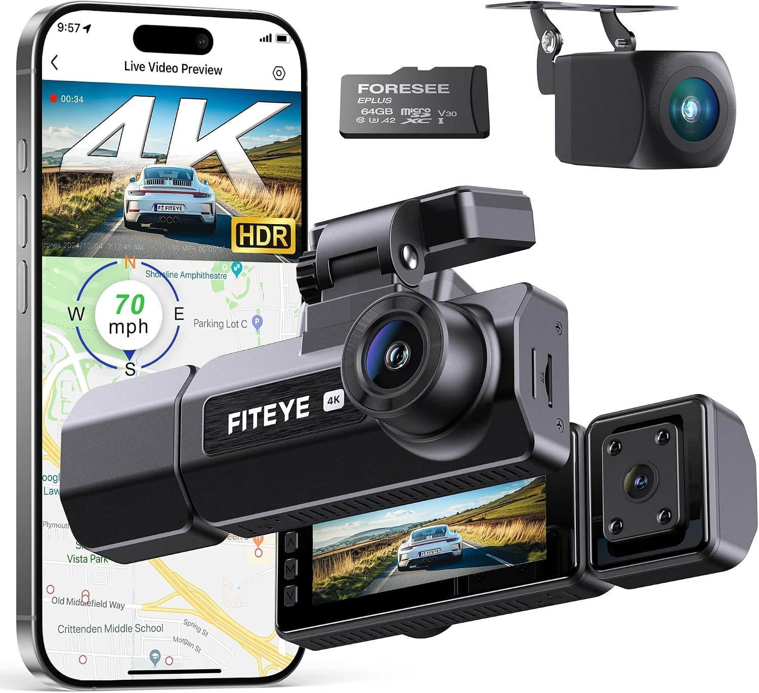 4K Dash Cam Front and Rear 3 Channel Dash Camera with IMX335(64GB Card Included)