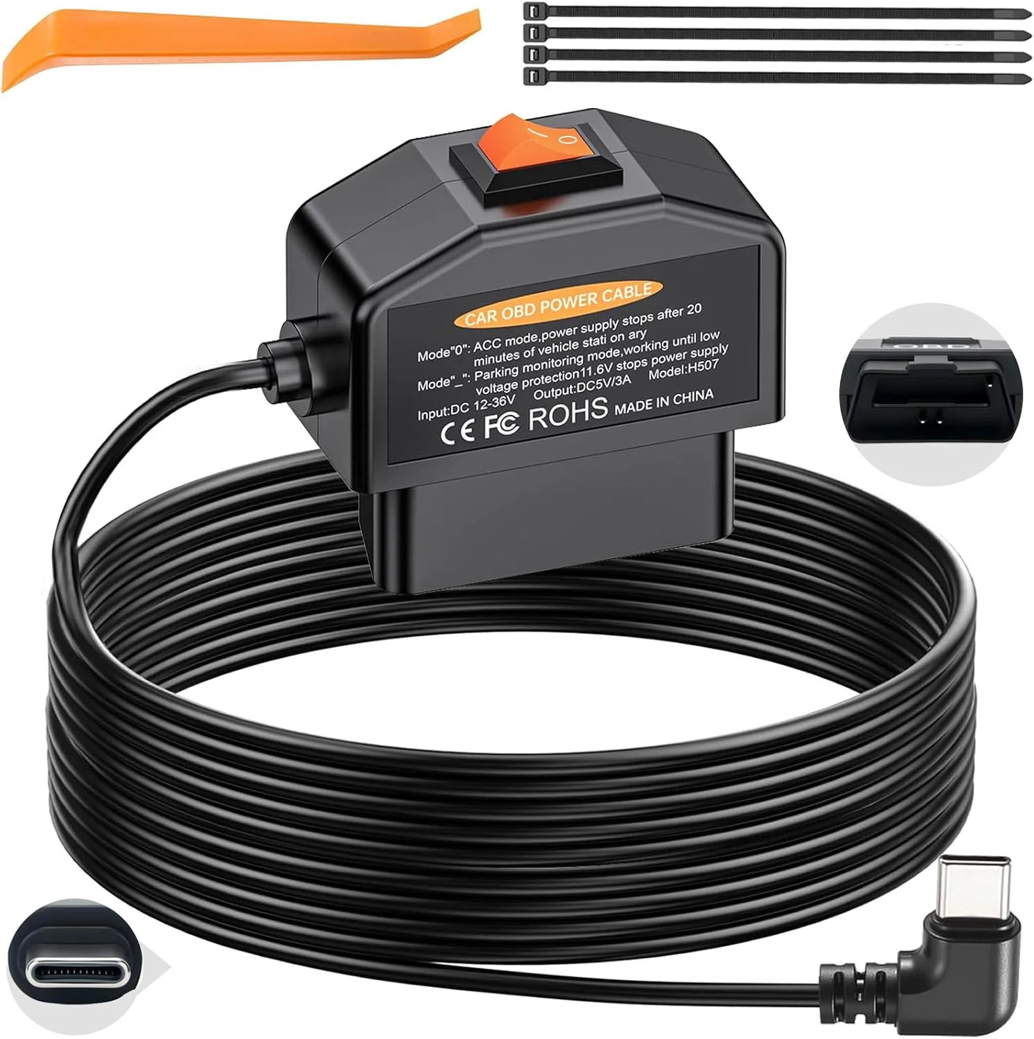 Dash Cam Hardwire Kit USB C, OBD2 to Type-C Adapter Hardwire Kit with 24/7 Parki
