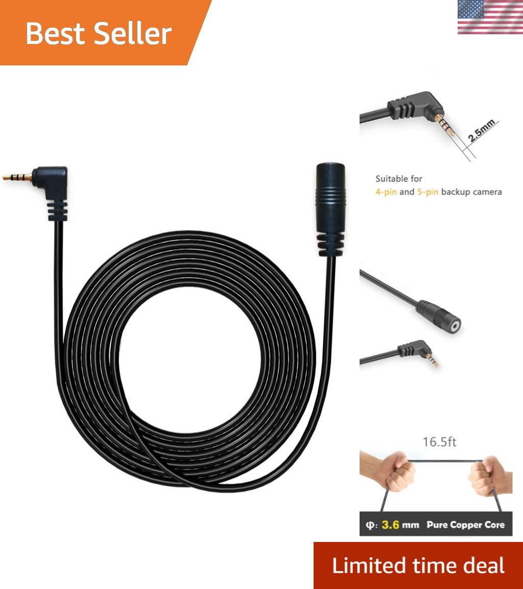Reliable 16.5 Ft Backup Camera Extension Cable – 2.5mm Male-Female Connectors