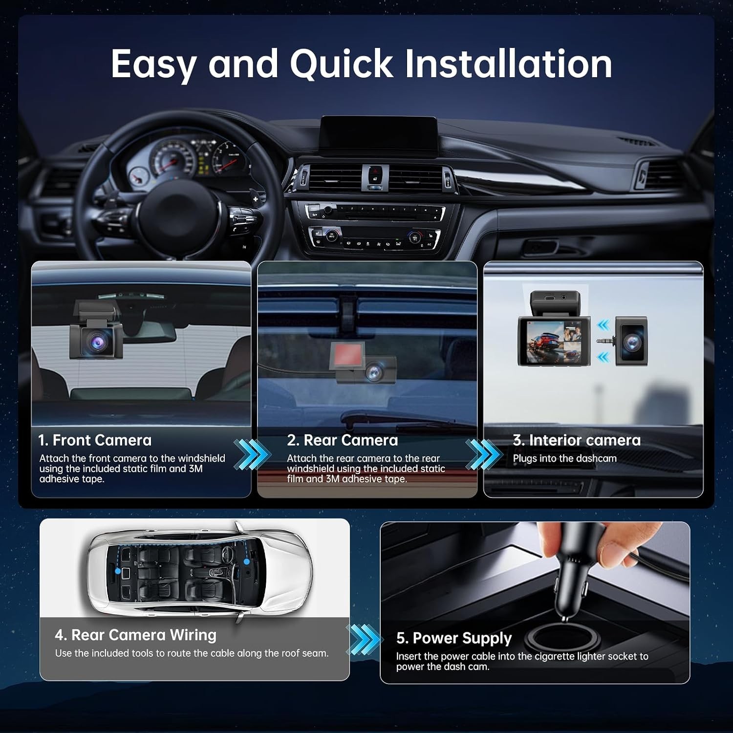 VIRROW X7 – 3 Channel Dash Cam: 4K+1080P+1080P-Dash Cam Front / Rear Inside 64GB