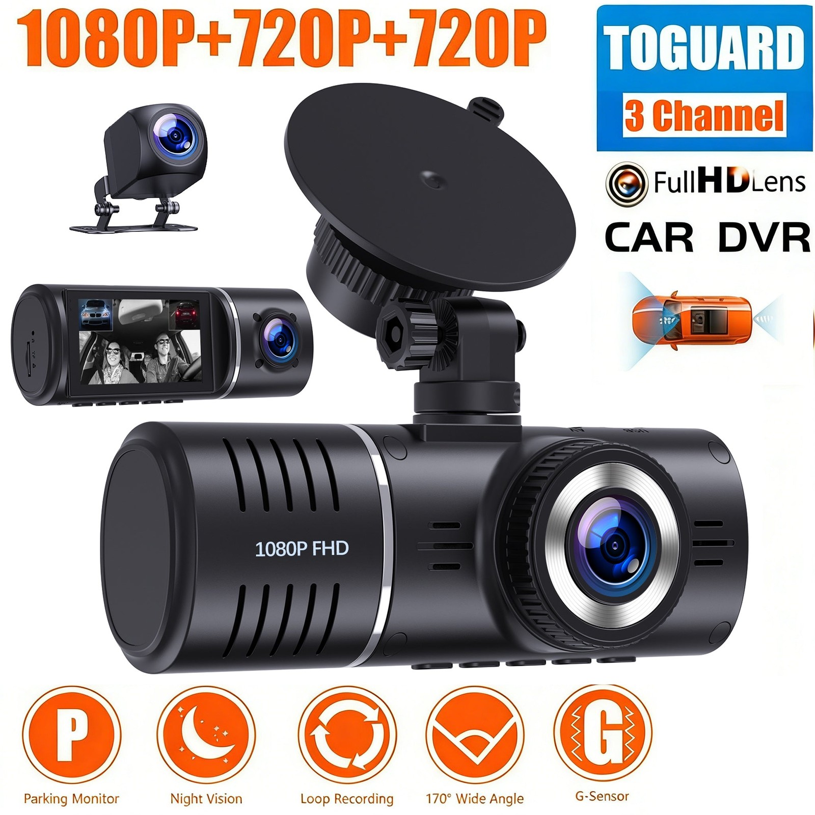 2.45″ 1080P FHD 3CH Lens Dash Cam Car Camera Night Vision G-Sensor DVR Recorder