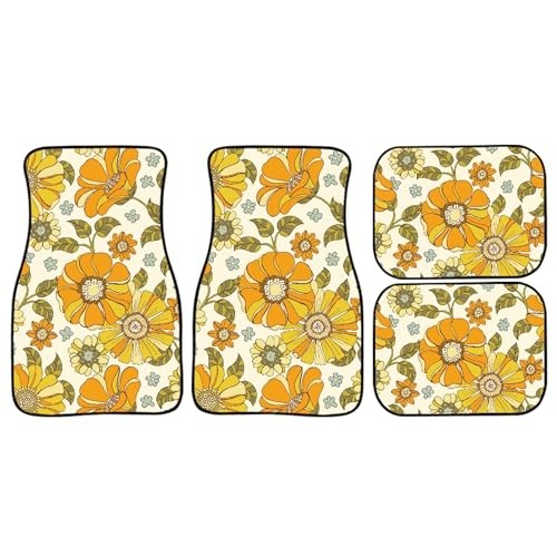 Retro 70s Style Flower Car Floor Mats 4Pcs Groovy Pattern with Flowers Orange
