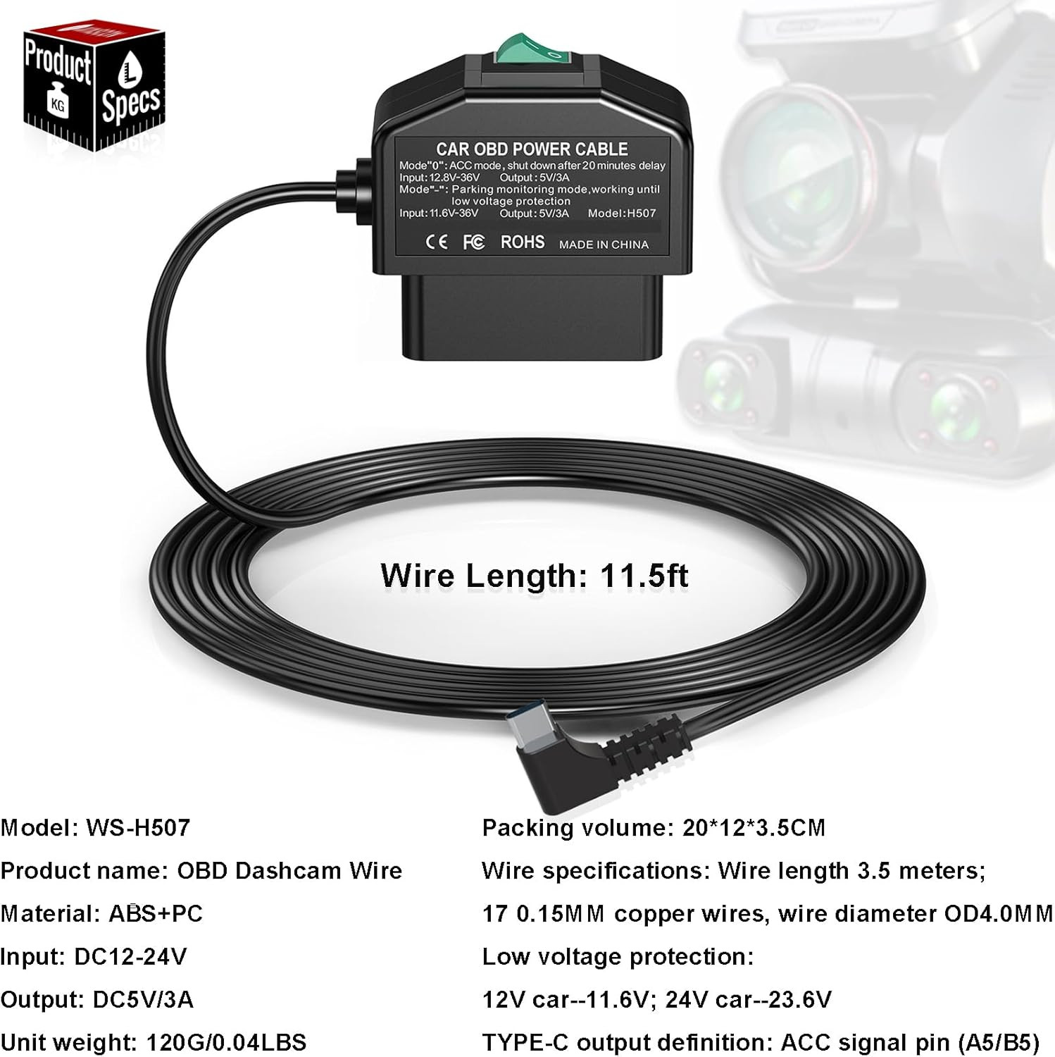 Dash Cam OBD Hardwire Kit, Dash Camera USB Type C Hardwire Kit with OBD2 Power C