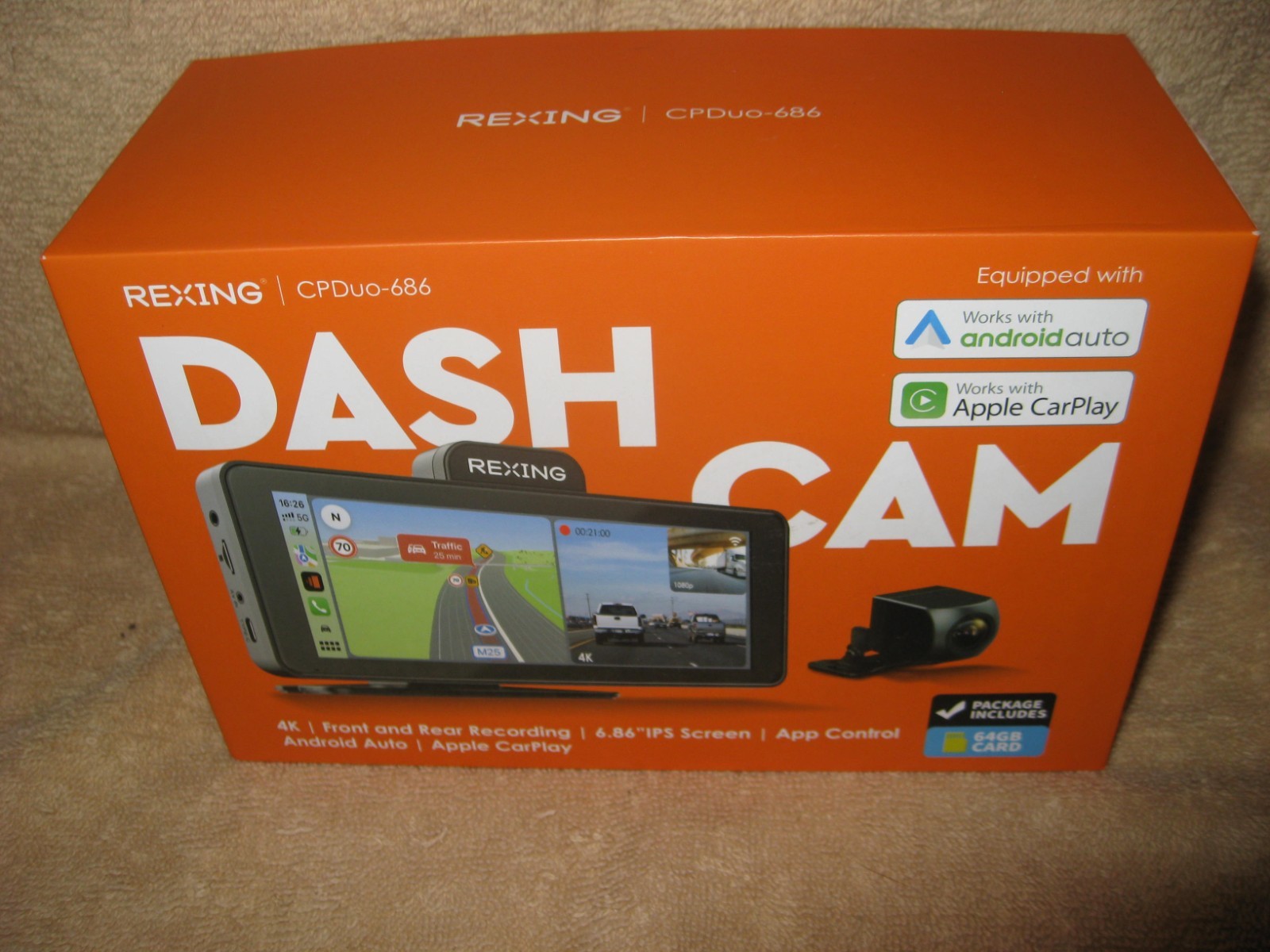 Rexing CPDuo-686 Dash Cam 4K 6.86″ IPS Touch Screen Apple Carplay Android