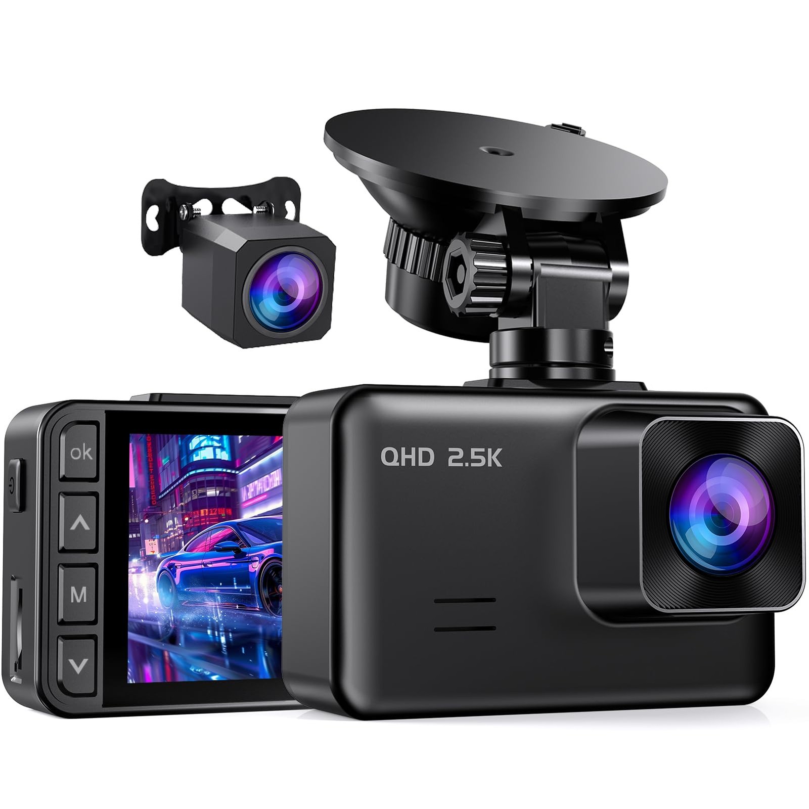 Dash Cam Front and Rear, 2.5K+1080P Dual Camera for Cars, 2″ IPS Screen