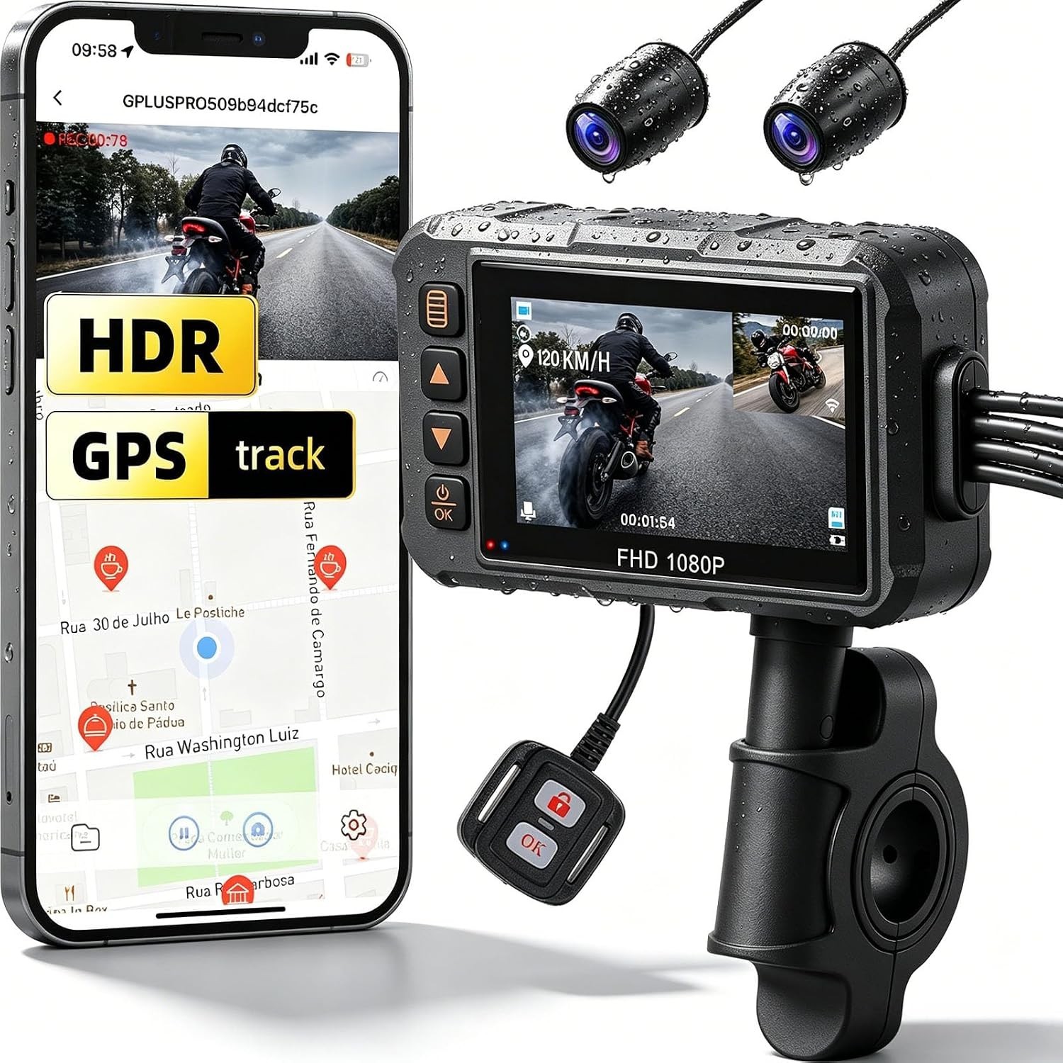 Motorcycle Dash Cam Front & Rear 1080P Dual DVR GPS WiFi 3″ Screen Waterproof