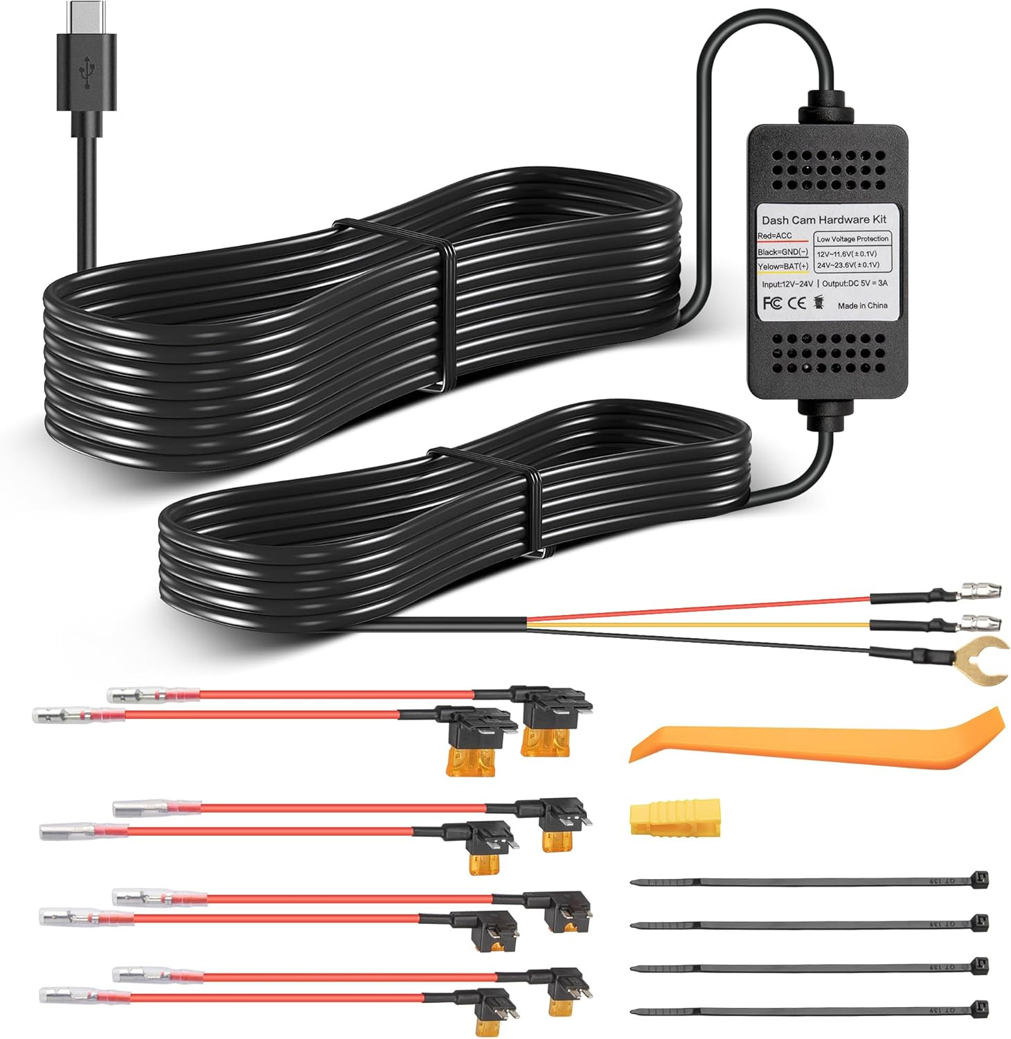 Type-C USB C Port Dash Cam Hardwire Kit, 3-Lead Acc Hard Wire Kit for Dash Camer