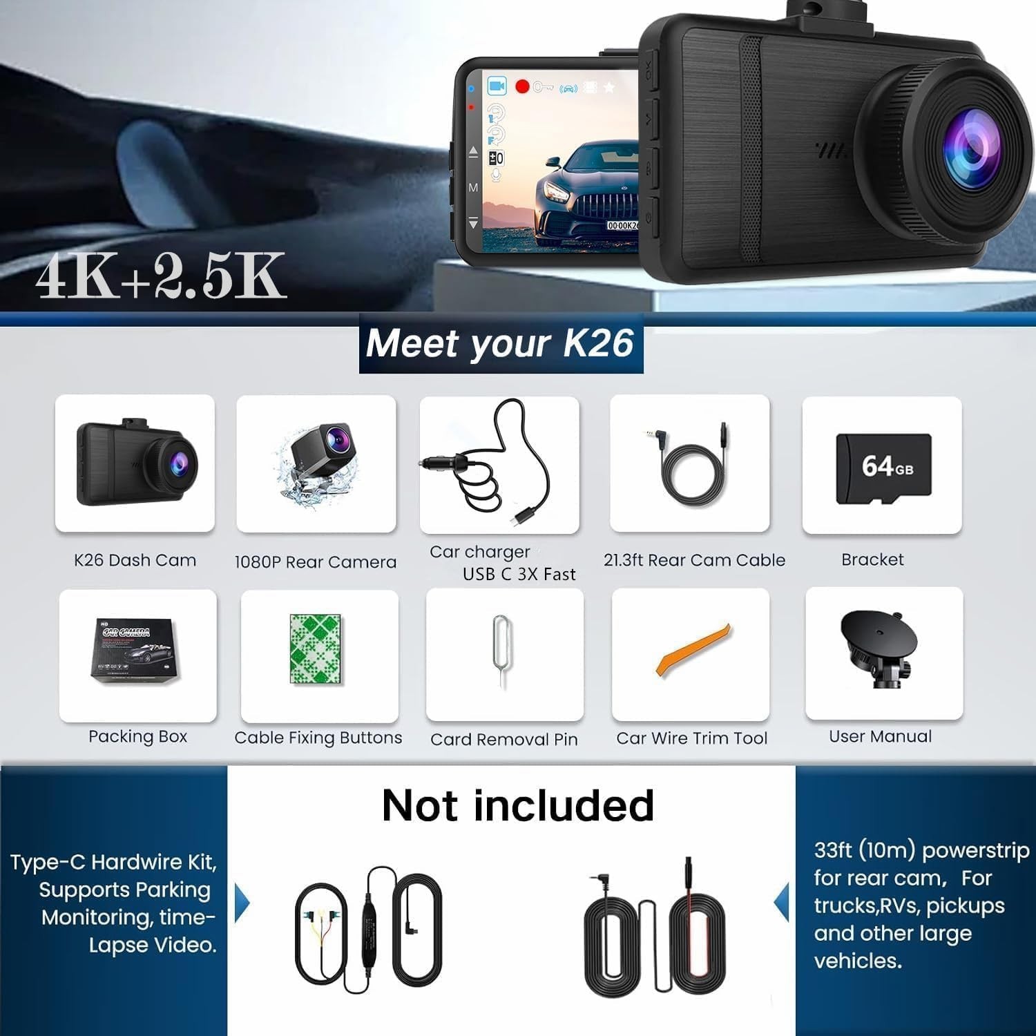 Dash Cam Front and Rear 4K HD WiFi Night Vision 64GB Card 170 Wide Angle