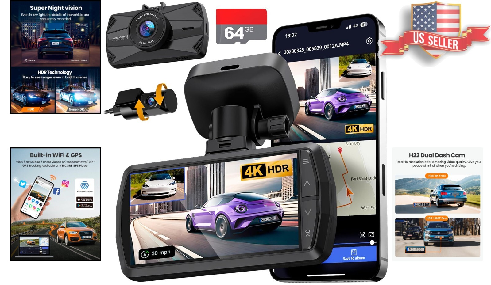Advanced 4K Dual Dash Camera – Continuous Loop Recording & Night Vision Ready