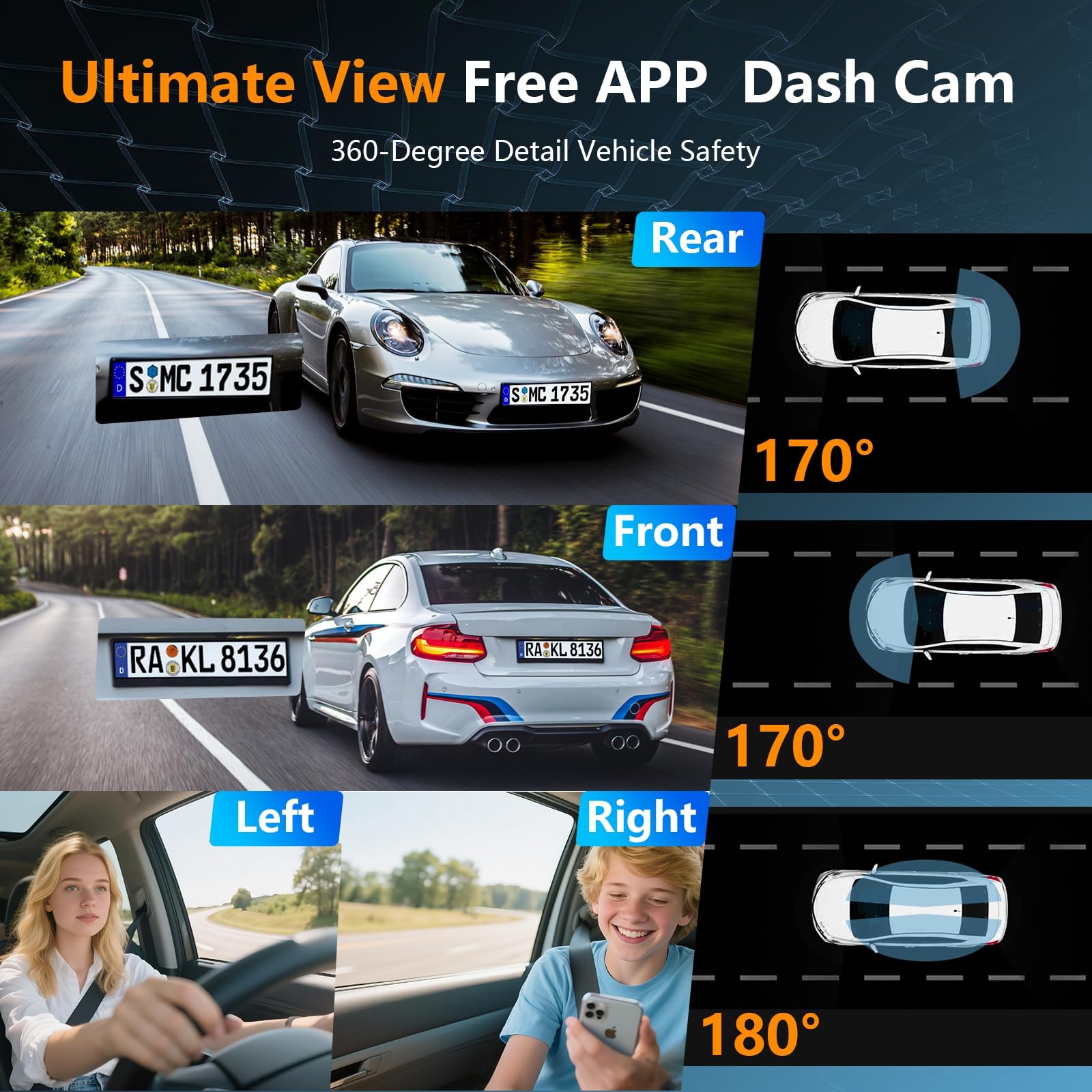 4 Channel Dash Cam Front and Rear Cabin, 360 Dash Camera, Night Vision 8 IR L…