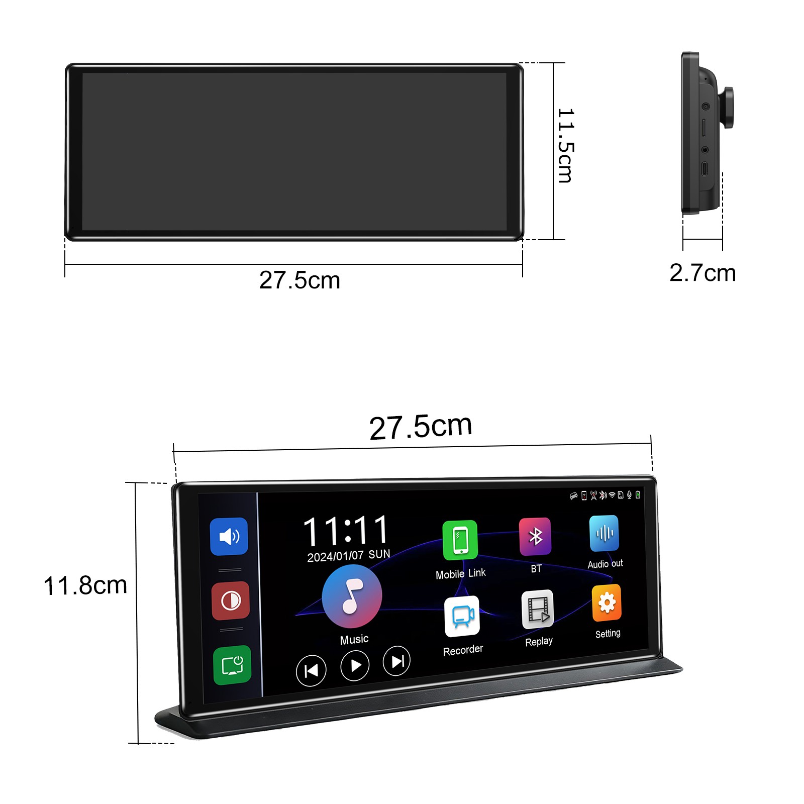 Portable 11.3″ Touchscreen Wireless CarPlay Android Auto Stereo w/4K BT Dash Cam