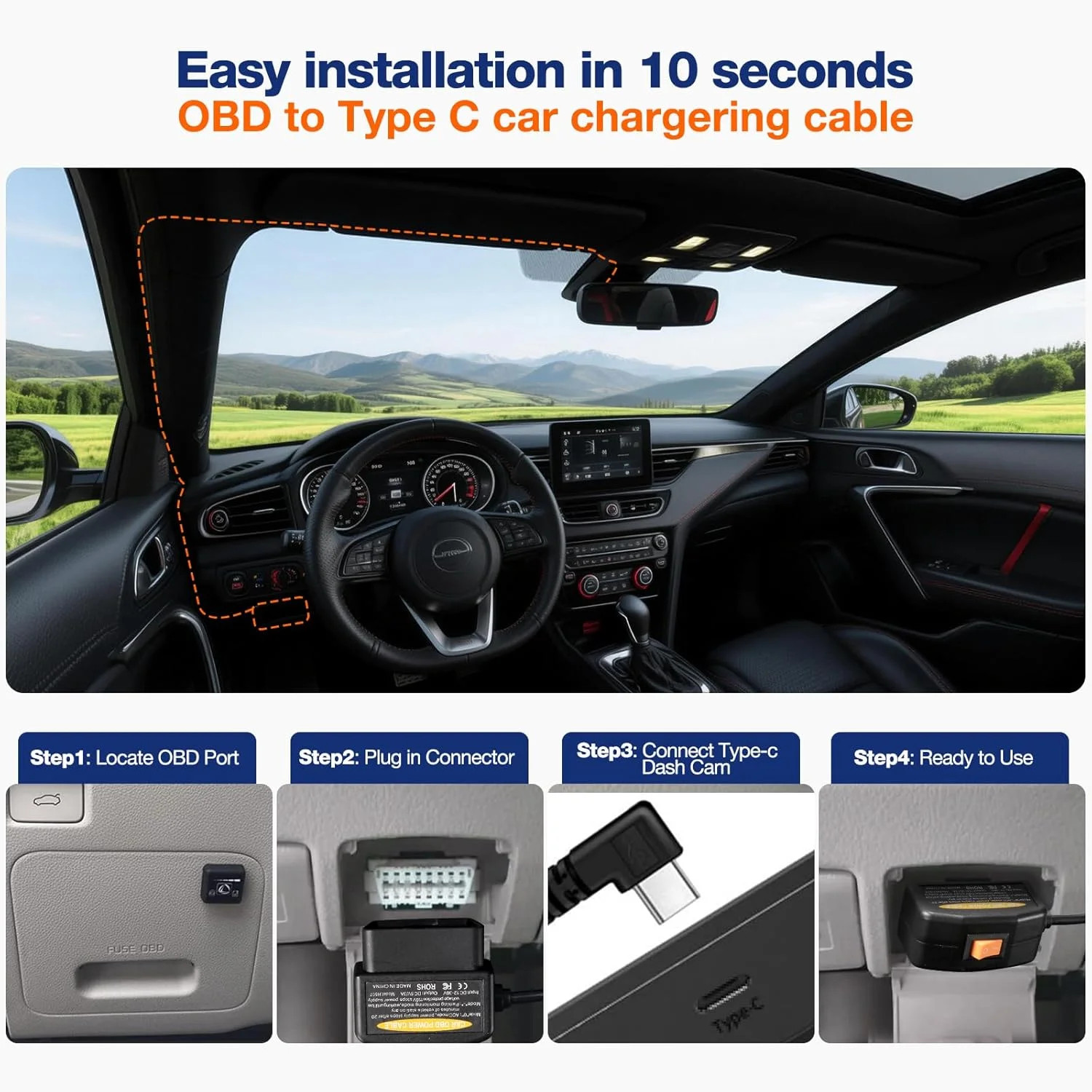 OBD2 to USB C Power Cable for Dash Cam,OBD Adapter Hardwire Kit Tpye-c with Low