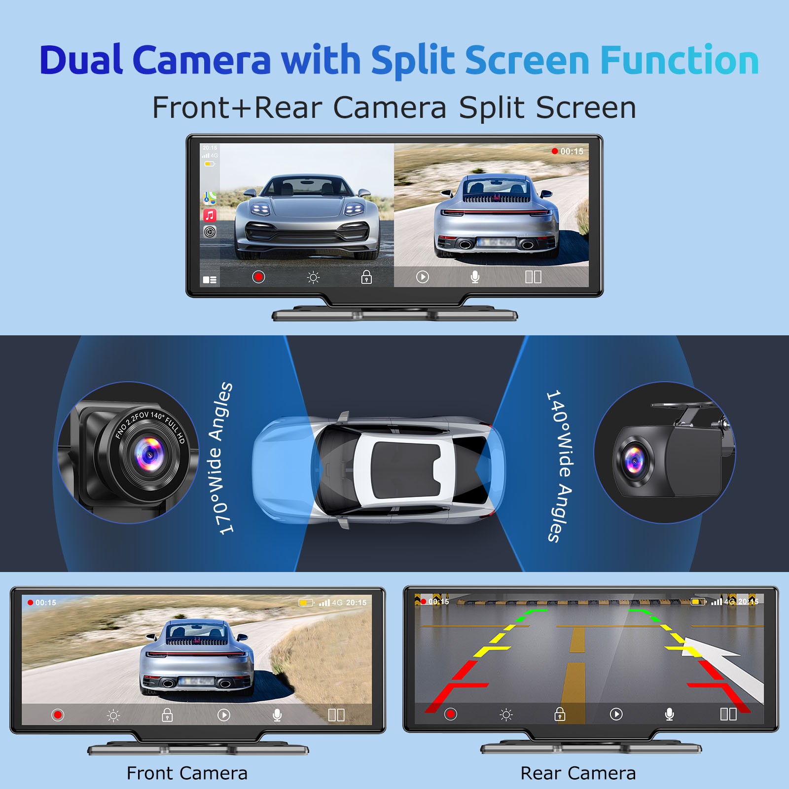 10.26″ Portable Car Stereo Touch Screen Apple Carplay Wireless Android Auto DVR