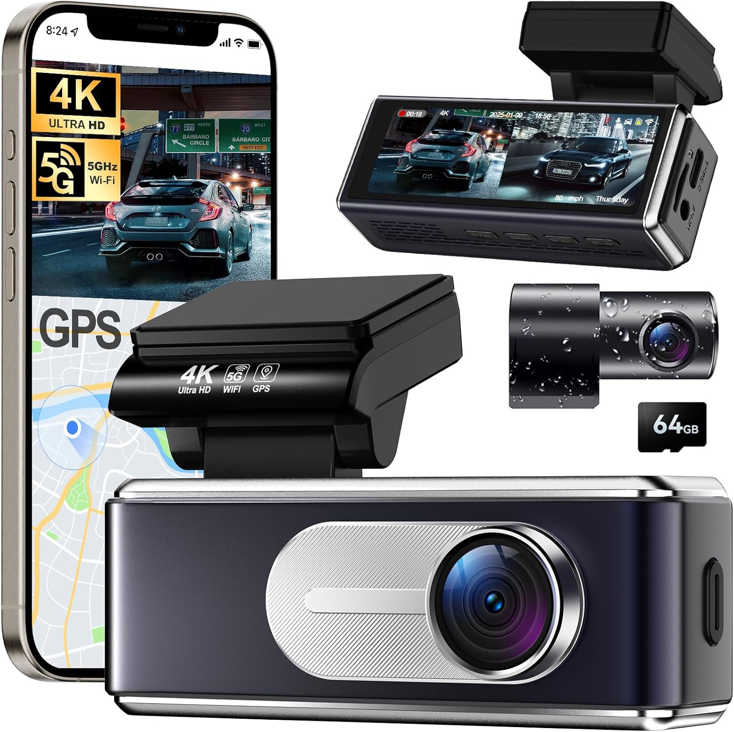 Dash Cam Front and Rear – 4K HD Dual Dash Camera for Cars, Built-In 5G Wifi GPS,
