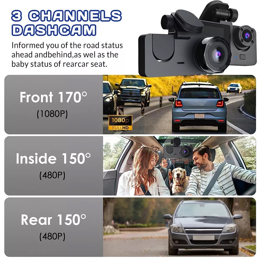 1080P Car Dash Cam Front+Middle+Rear 3 Lens,32GB,G-Sensor,WIFI,Motion detection