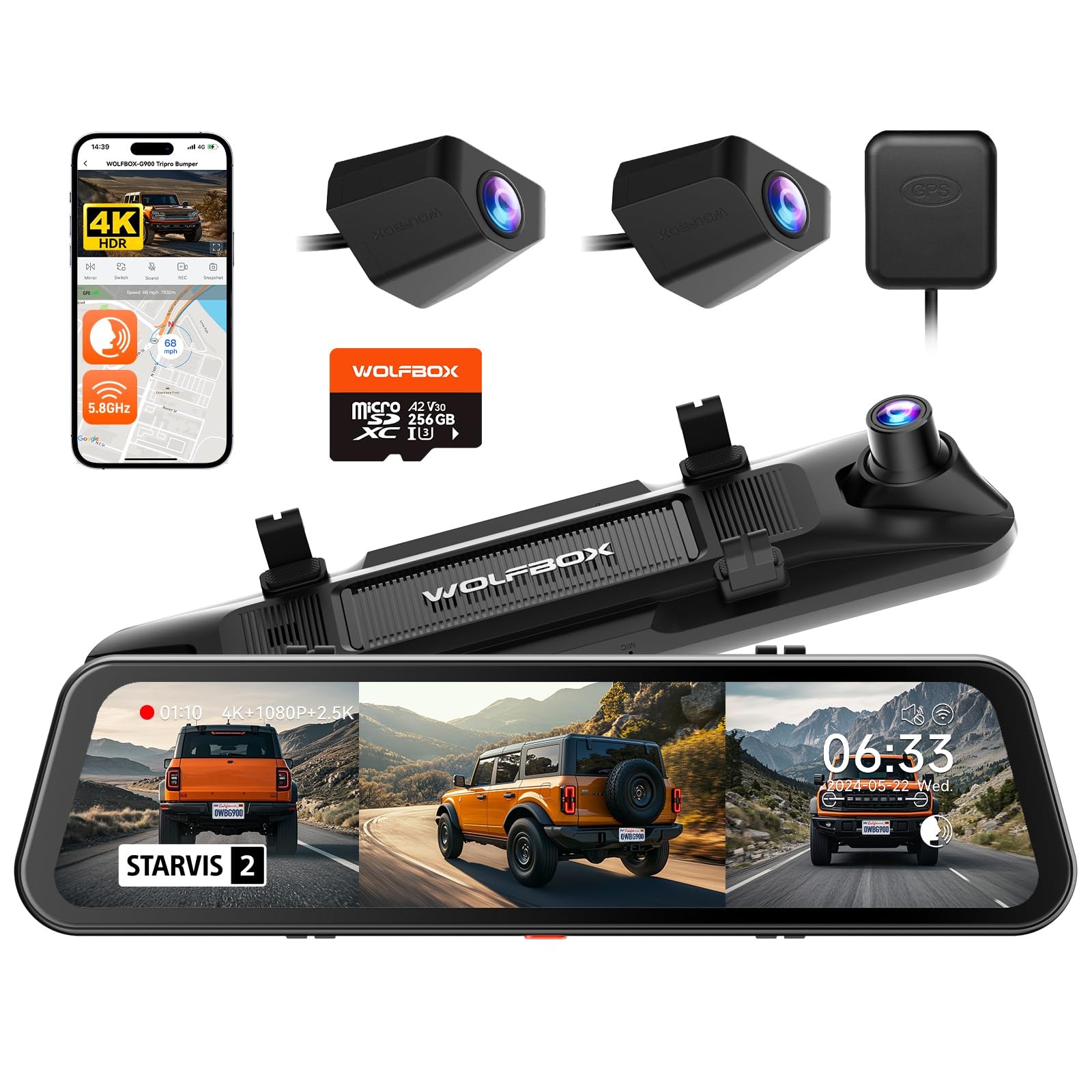 Dash Cam 4K 3 Channel STARVIS IMX678 Mirror G900 TriPro Bumper N WOLFBOX