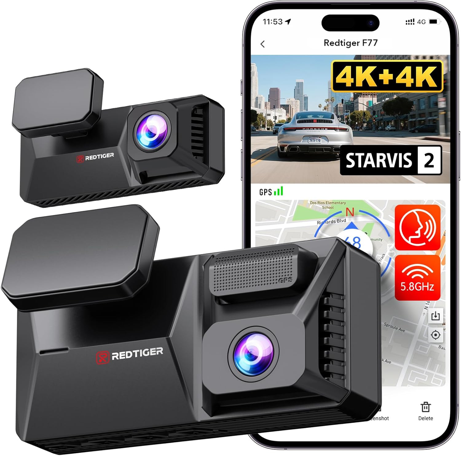 F77 4K+4K Front and Rear Dash Cam with HDR, Dual STARVIS 2 IMX678 Sensor, Voice