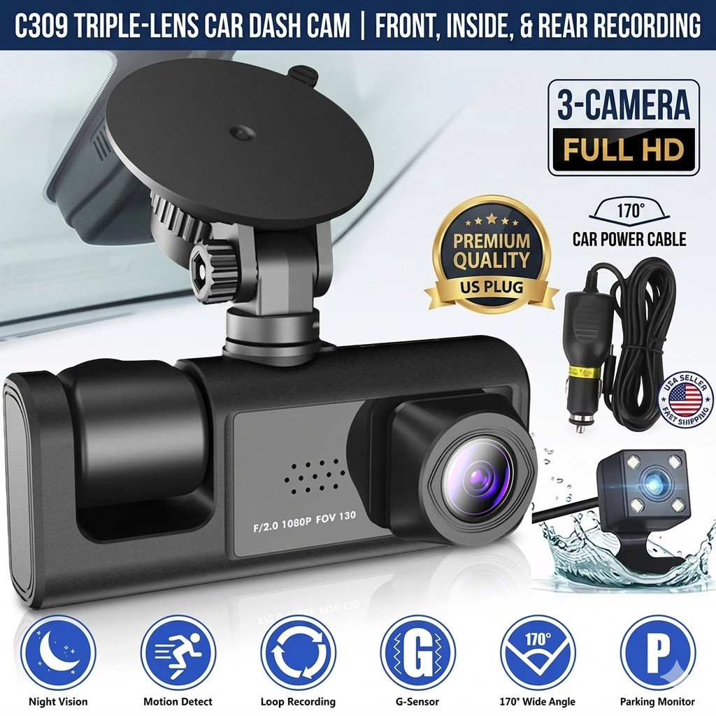 Camara Tablero 3 Lentes 1080P Frontal Interior Trasera Visión Nocturna G-Sensor