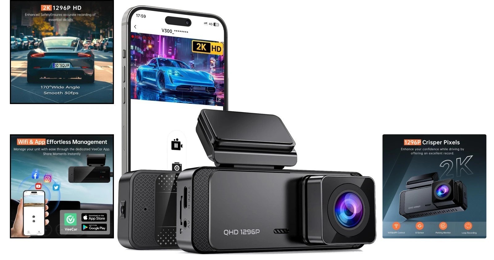V300 1296P Front Dash Camera with Night Vision & 256GB Support for Safe Driving
