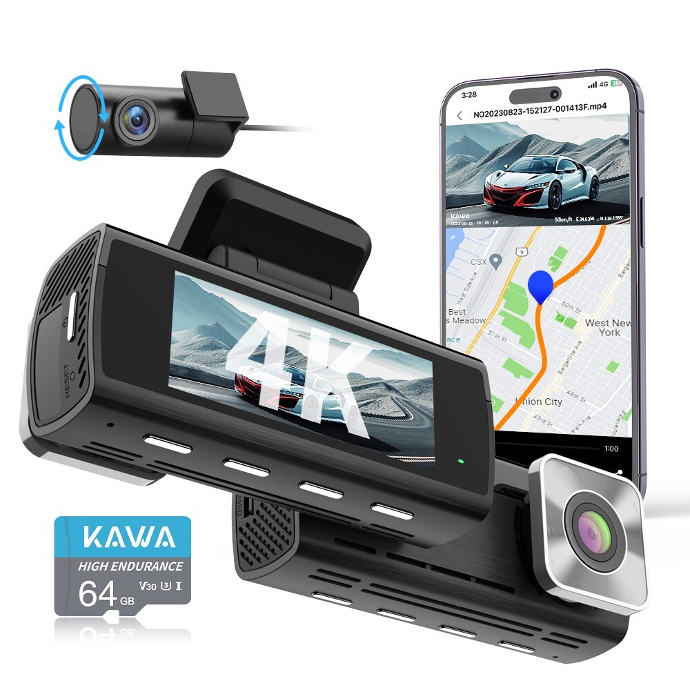KAWA AI-ISP 4K Dual Dash Cam , GPS AI Motion Detection 64GB Card, 24H Park Mode