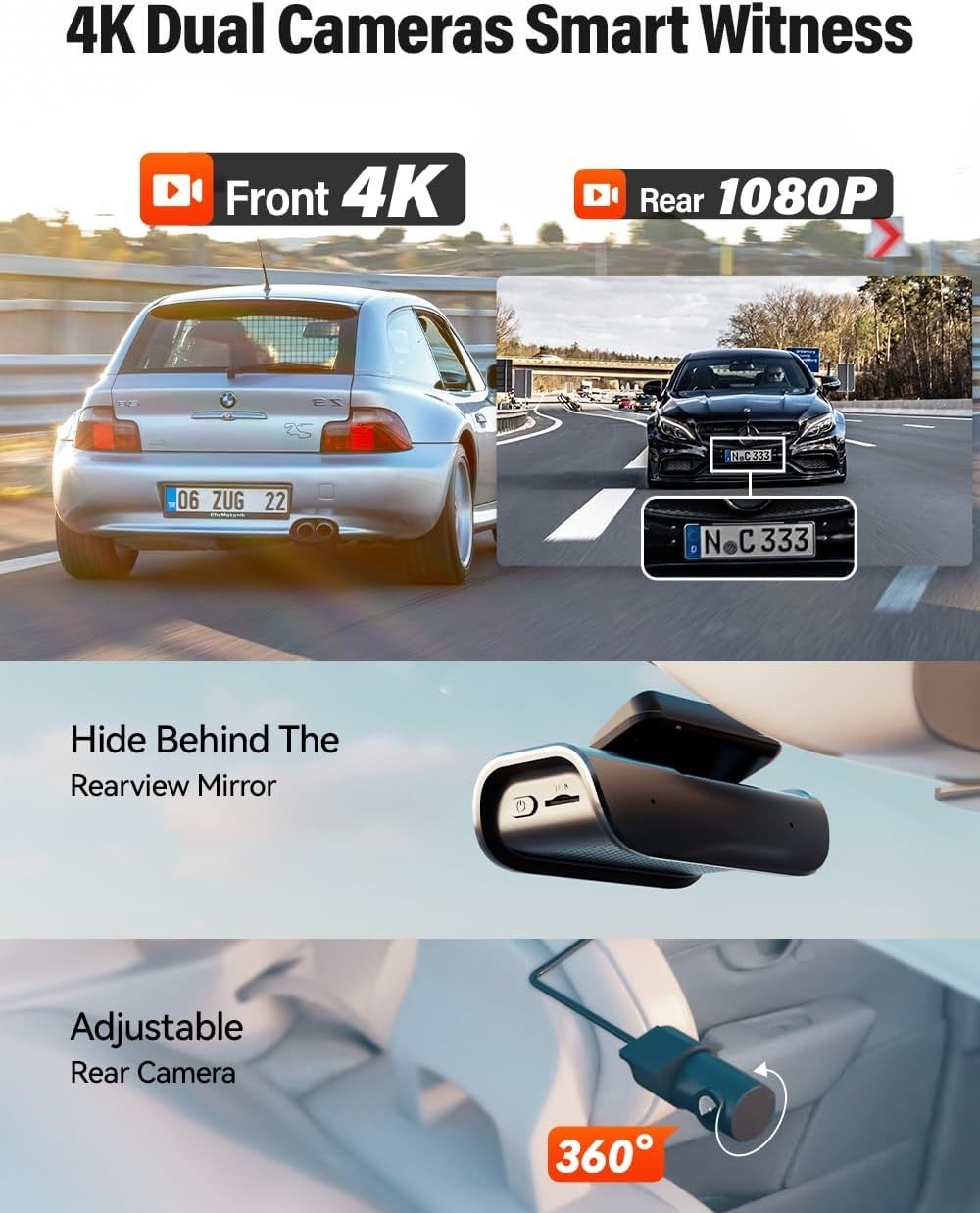4K Front and Rear Dash Cam: Fast 5GHz WiFi & Hands-Free Voice Control, Compac…
