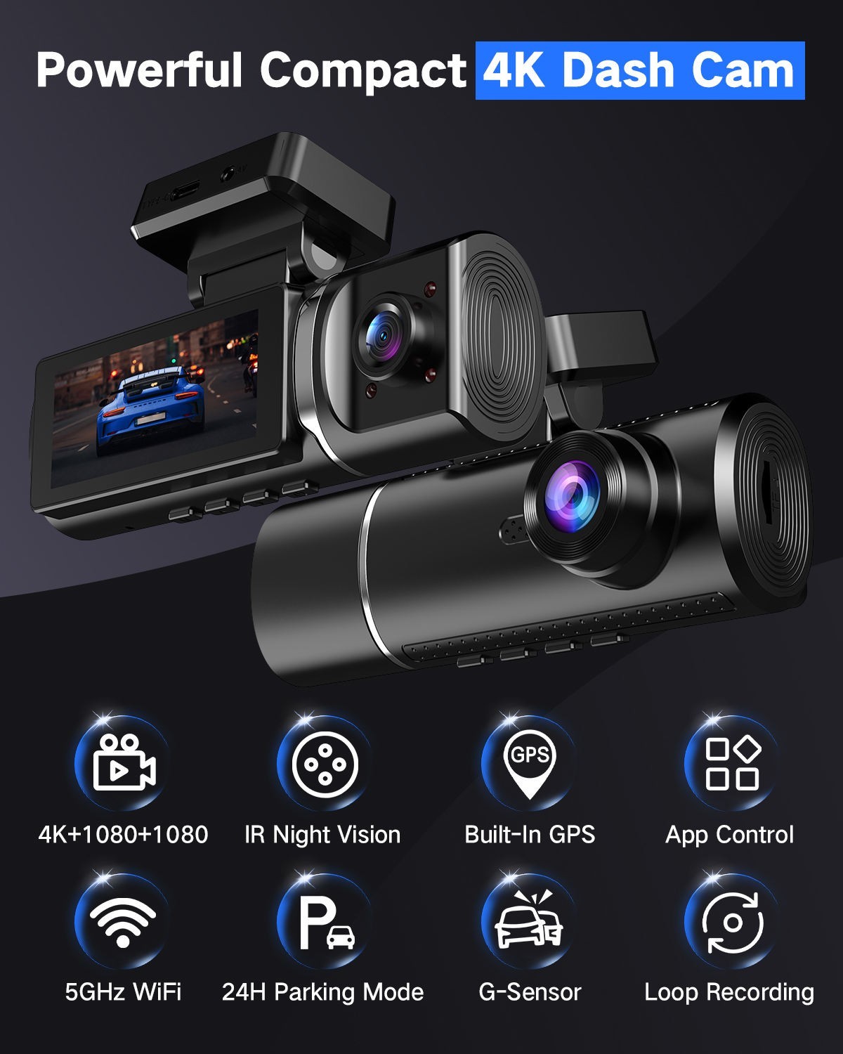 4K Dash Cam Front Rear 4G GPS WiFi 3-4 Channel DVR + 64GB Lexar Card