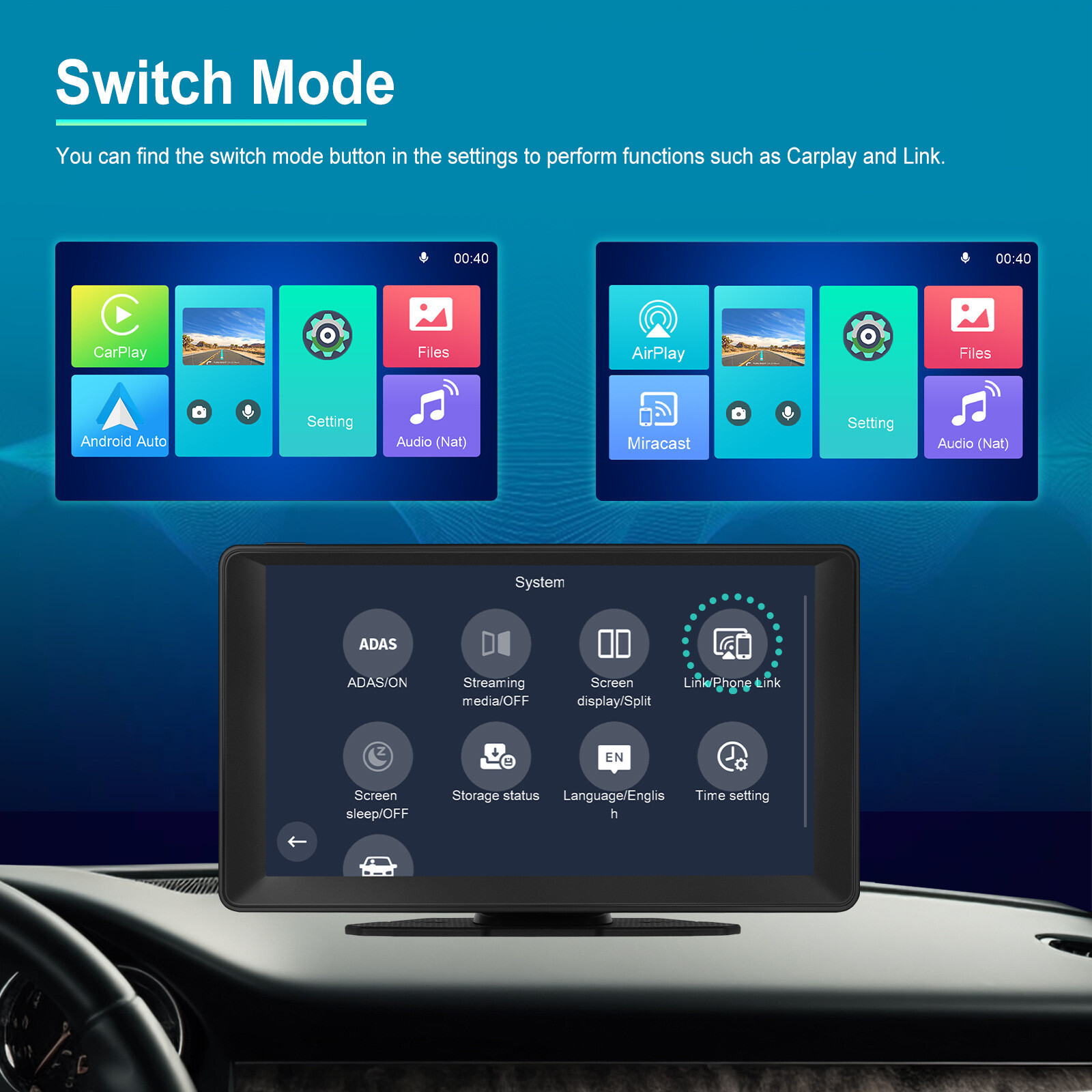 Car DVR Dash Cam Front Camera MP5 Player Radio For Carplay Bluetooth AUX 9in