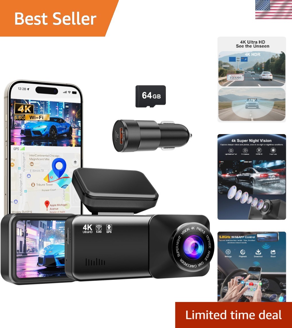 Ultra-Clear 4K Dash Cam with Night Vision, Loop Recording & WiFi – 64GB Included