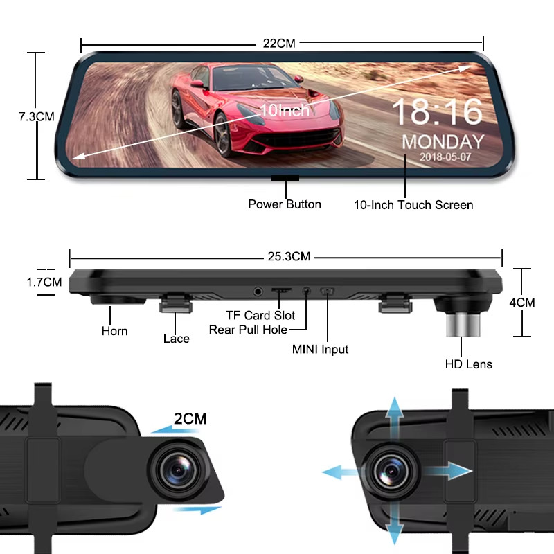 10″ Dual 1080P Car DVR Touch Screen Rearview Mirror with Night Vision Camera