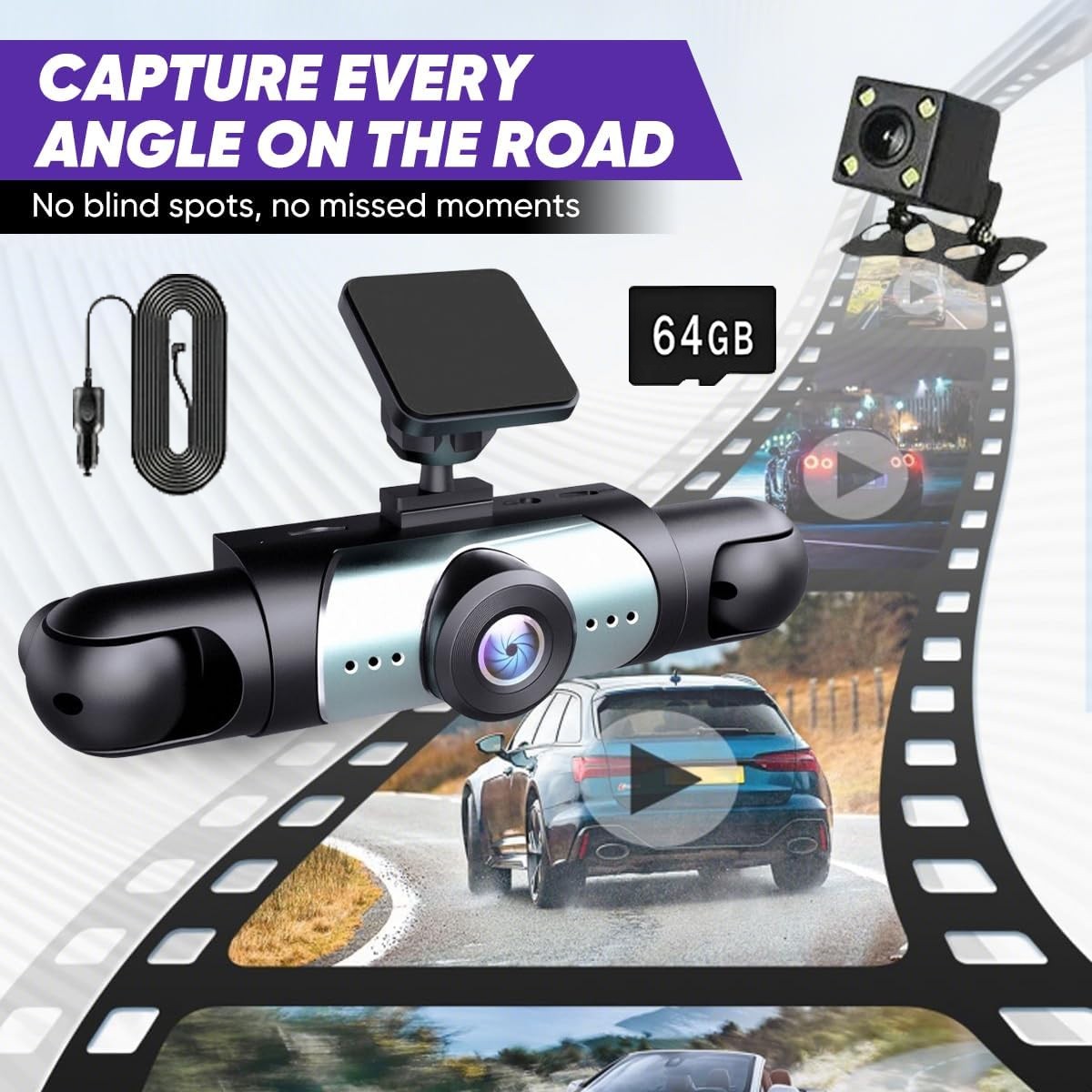 4-Channel Dash Cam 1080P WiFi App Control 64GB Card Night Vision Parking Mode
